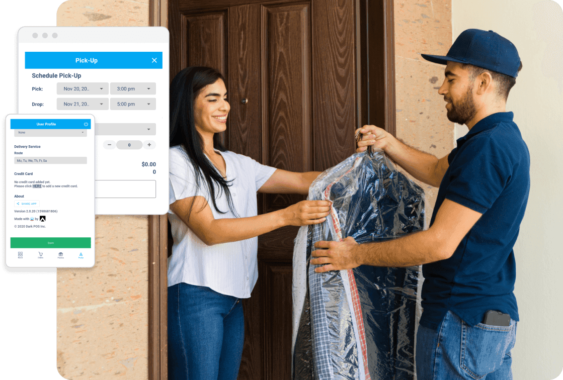 Dry cleaner employee picking up clothes at customer’s house and using the pickup feature on Enlite’s app