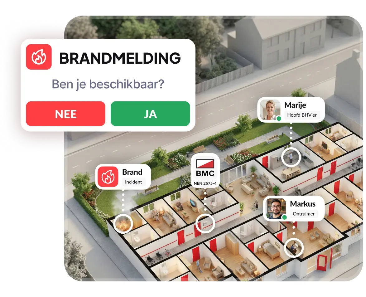 Plattegrond van een gebouw met een brandmelding via de BMC en de BHV'ers op locatie