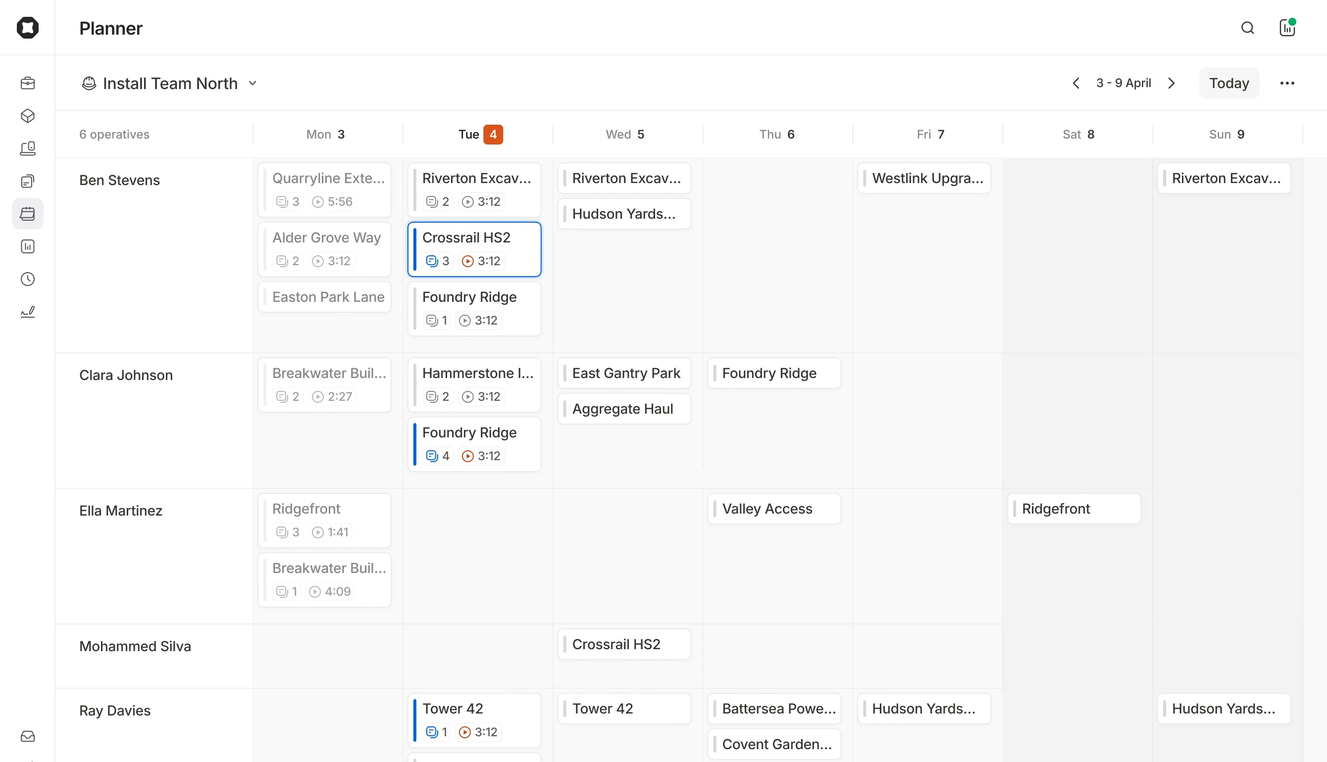 In the Onetrace Planner for July 2025, a calendar grid shows operatives’ daily site visits. Today’s date is highlighted.