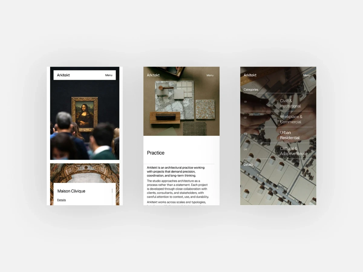 Featured preview of Arkitekt, an architecture Framer template showcasing a minimalist editorial design across project, practice, and category pages.