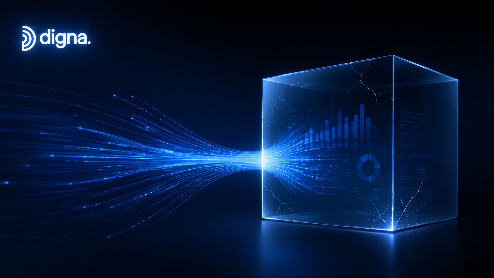 A digital cube representing a database receiving glowing blue data streams, illustrating detection of anomalies and insights.