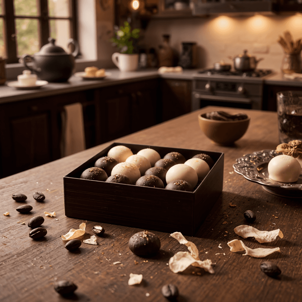 product photography of box of assorted chocolate pralines