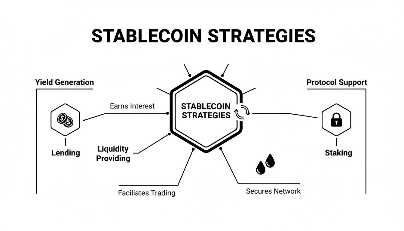 Infographic illustrating stablecoin strategies for yield generation and protocol support through lending, liquidity providing, and staking.