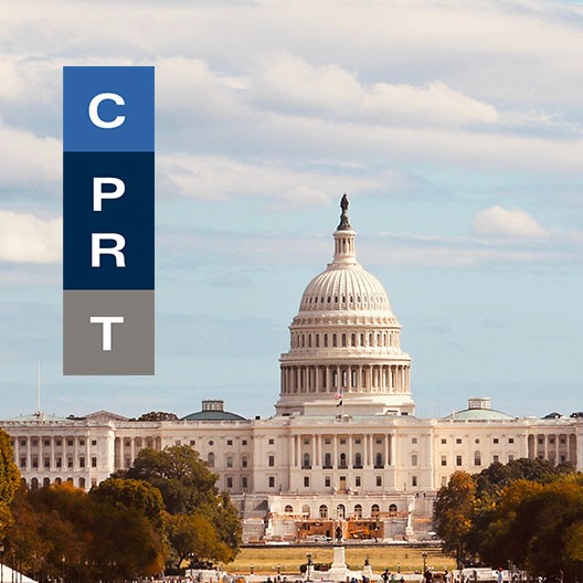 Image of the U.S. Capitol building with "CPRT" text overlay in blue and gray squares against a cloudy sky.