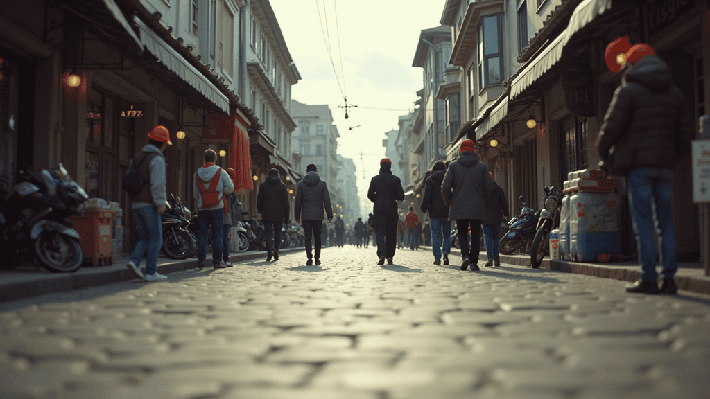 Eye-level view of a busy local street with small businesses and pedestrians