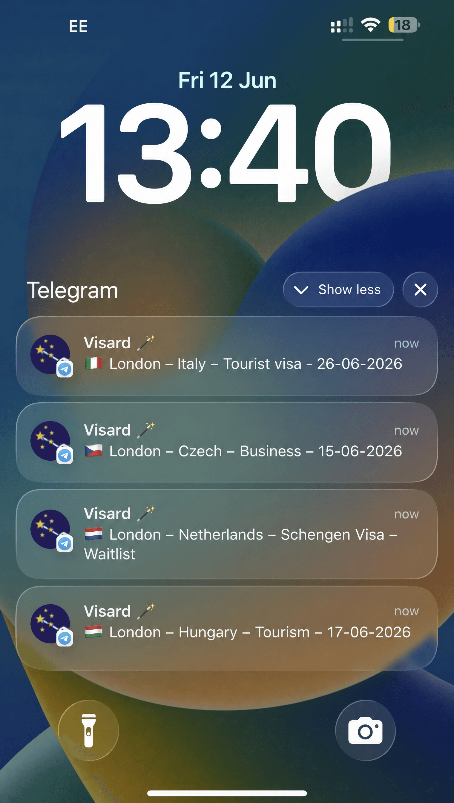 Real Visard alerts on an iPhone lock screen for London Schengen routes