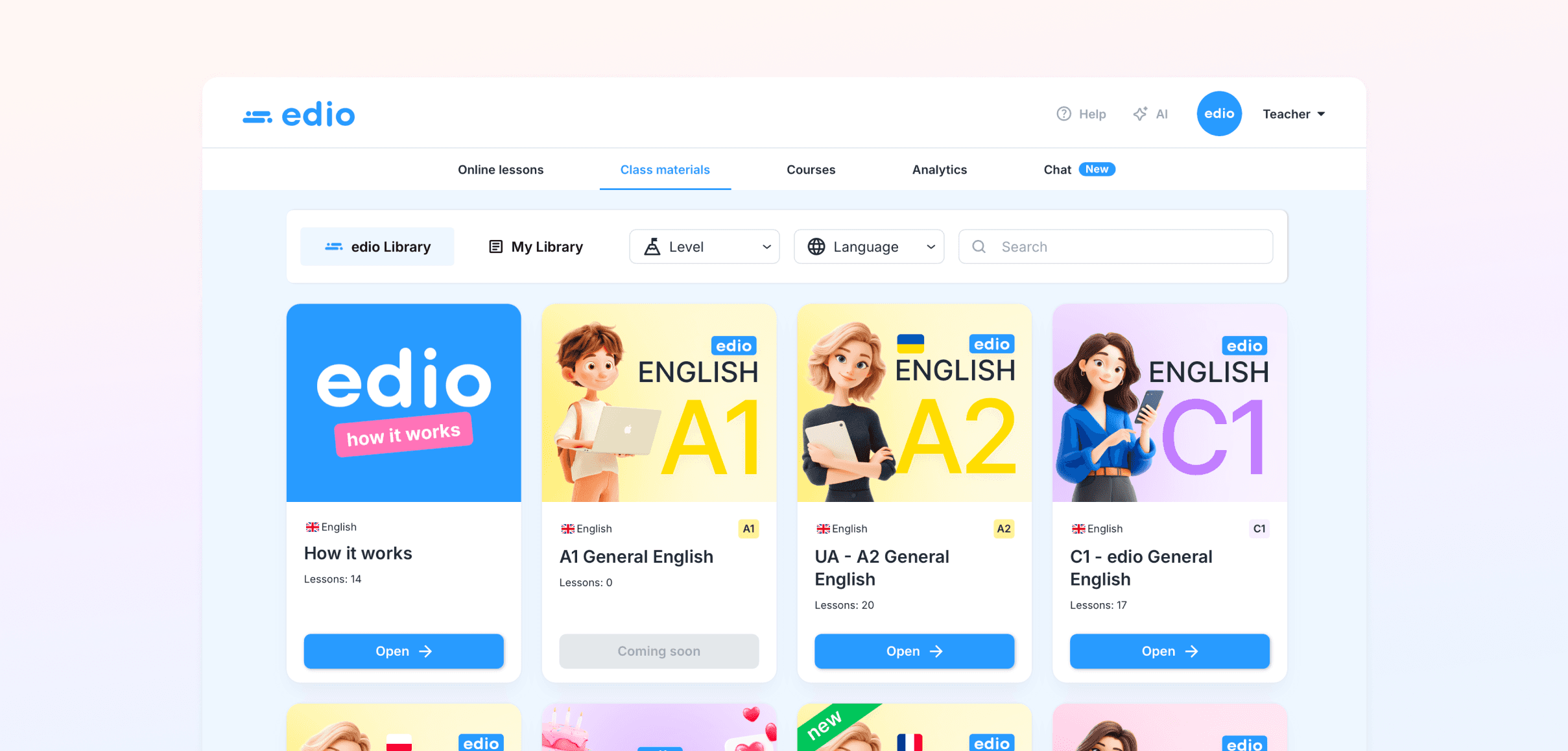 edio Class materials page showing edio Library with English lessons by level — A1, A2, B1, B2, C1 General English courses