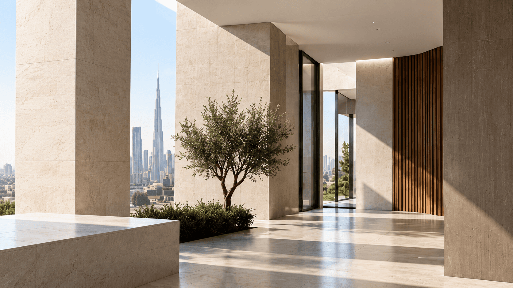 Contemporary stone architecture in warm daylight