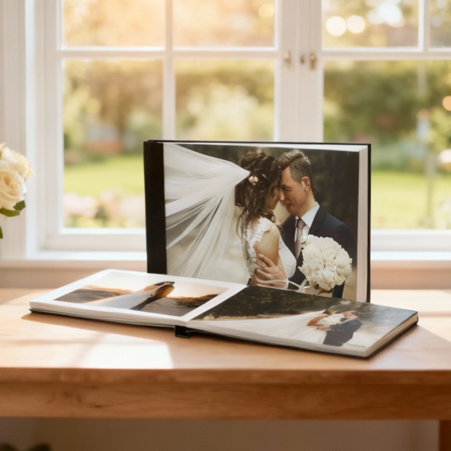 Pessoa segurando fotolivro com foto de mulher sorrindo ao ar livre, com a frase “Eu amo o Norte” escrita no canto da imagem