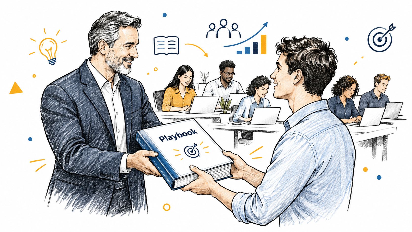 A professional mentor handing a business playbook to a young man in an office setting with colleagues.