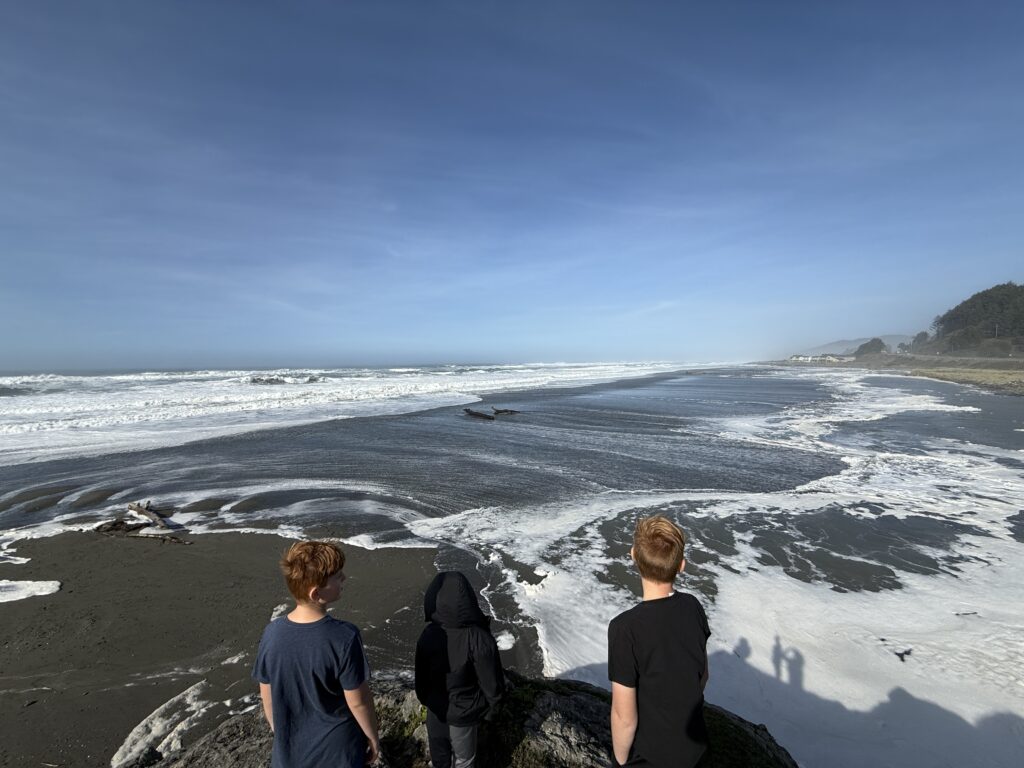 Kids watching winter king tide waves roll in on the beach at Gold Beach