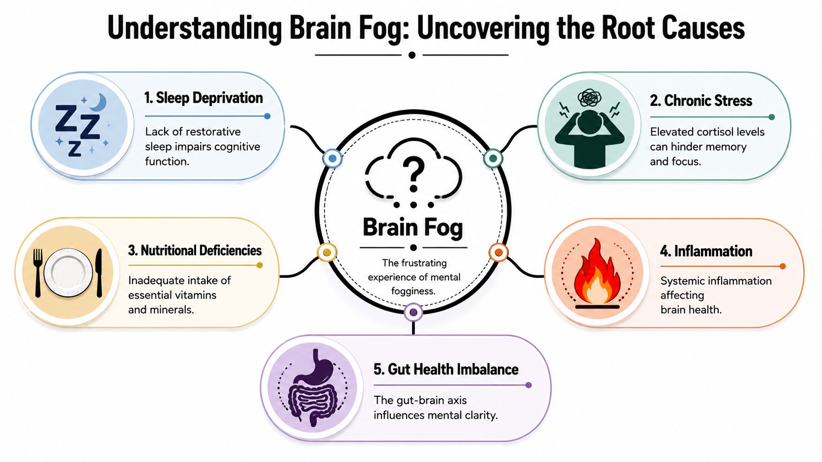 A diagram outlining five common root causes of brain fog, including sleep, stress, nutrition, inflammation, and gut health.