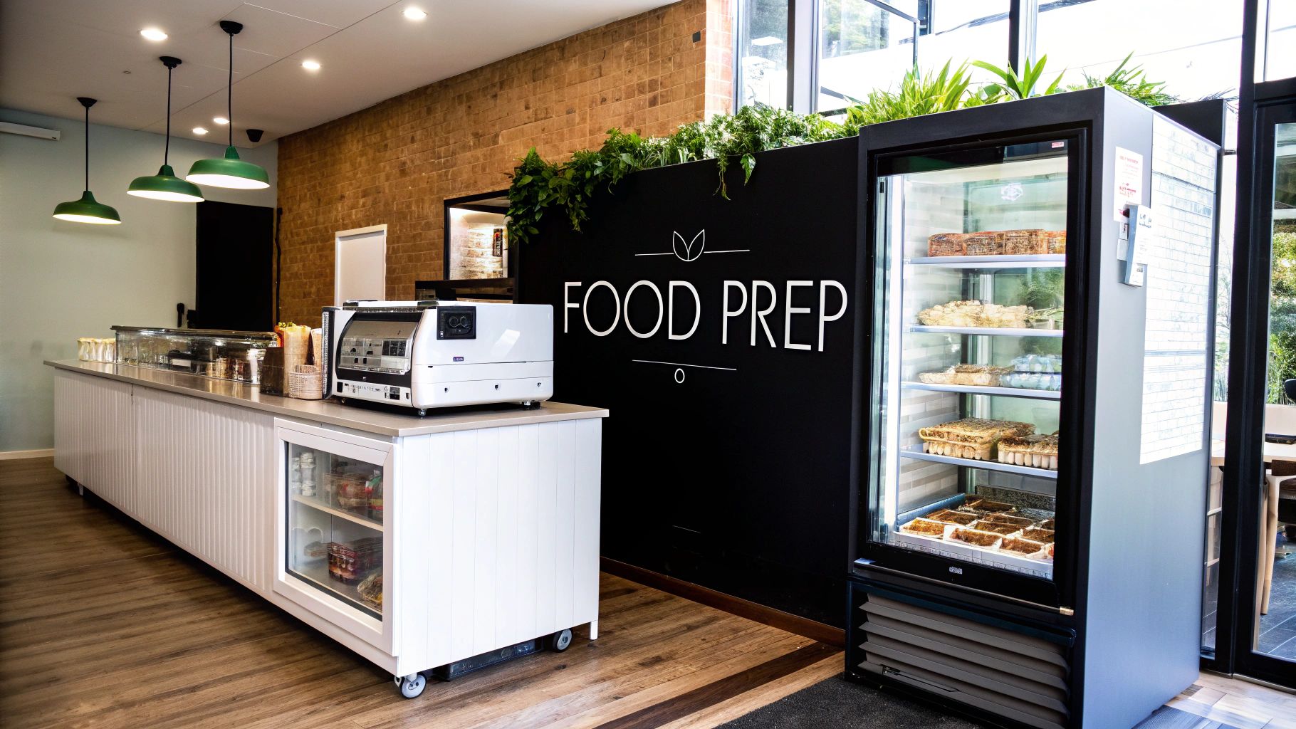 Interior of a modern food prep station with a display fridge, commercial equipment, and green pendant lights.