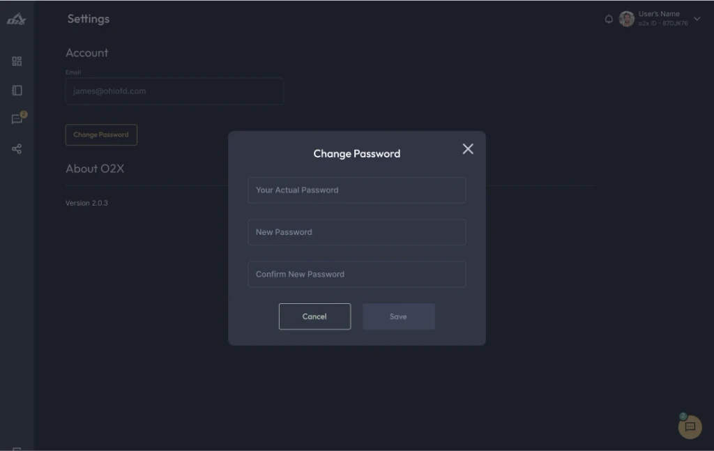 O2X settings to change password screen
