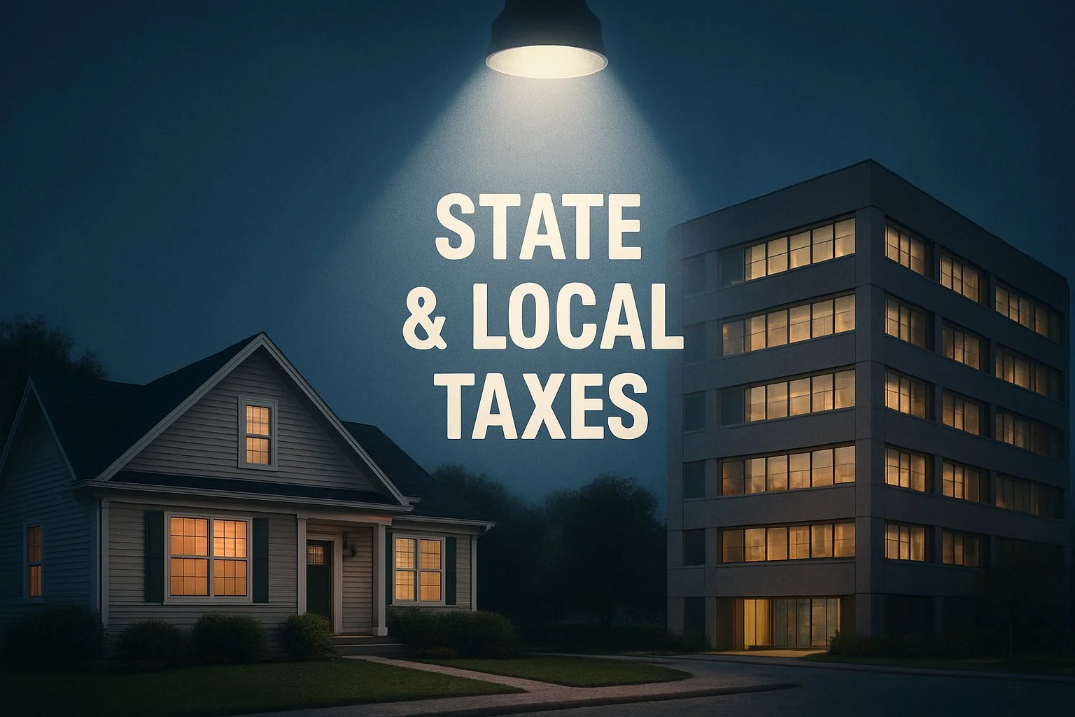 Suburban home and office building under a spotlight labeled “State & Local Taxes,” symbolizing how homeowners and business owners are affected by deduction limits.