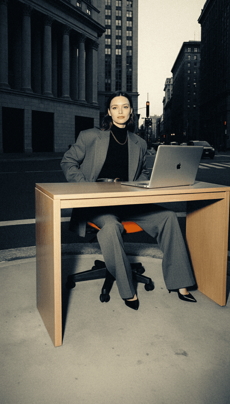 Woman wearing a grey suit and black turtle neck sitting at a desk in the middle of a downtown city street