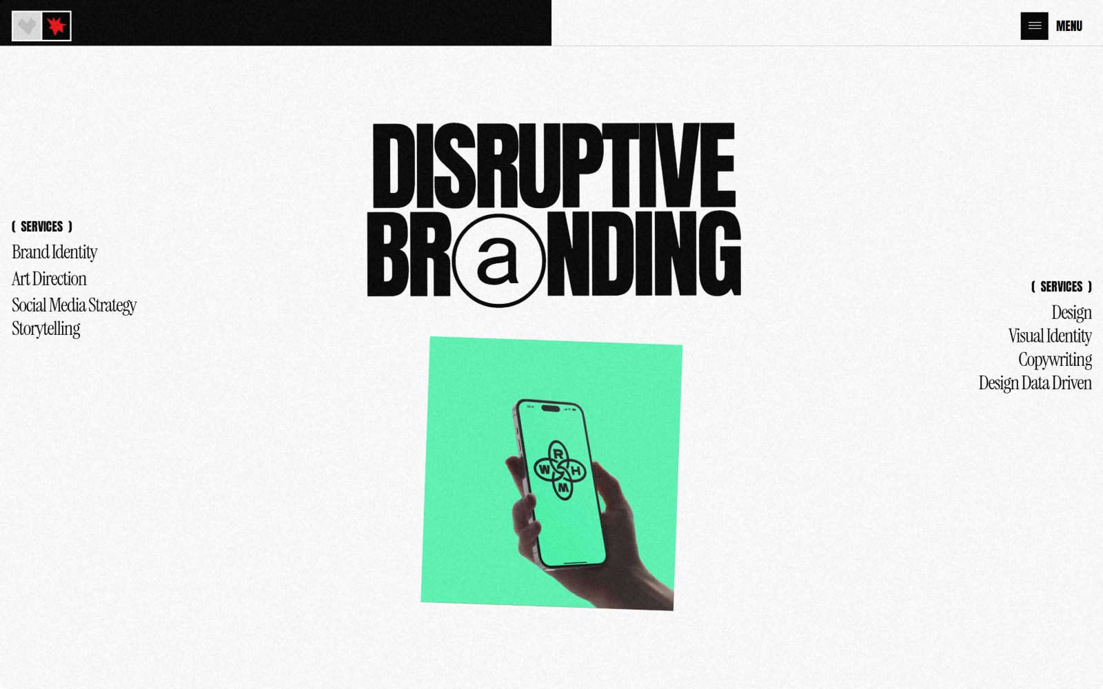 Bold text "DISRUPTIVE BRANDING" with a hand holding a smartphone showing a logo. Menu on top right. Service list on left.
