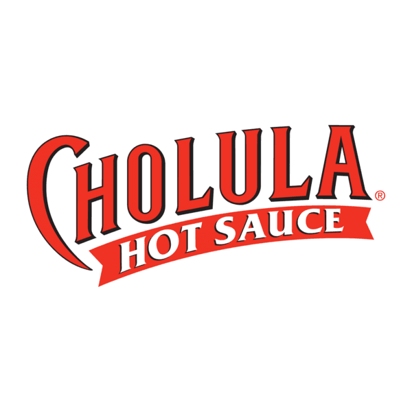 Logo of Cholula Hot Sauce featuring its name in bold red letters with a curved banner beneath it.