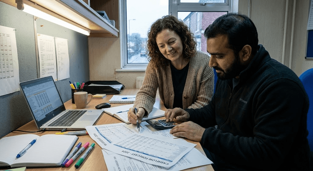 Four workers in black coveralls walk through an industrial facility.