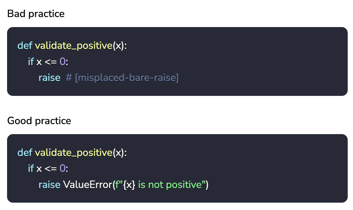 Code comparison view showing bad practice versus recommended best practice with corrected example code.