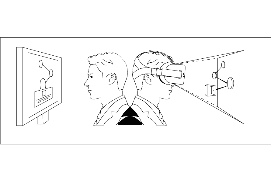 A patent image showcasing the KiWorks app being translated and used on an XR headseat.