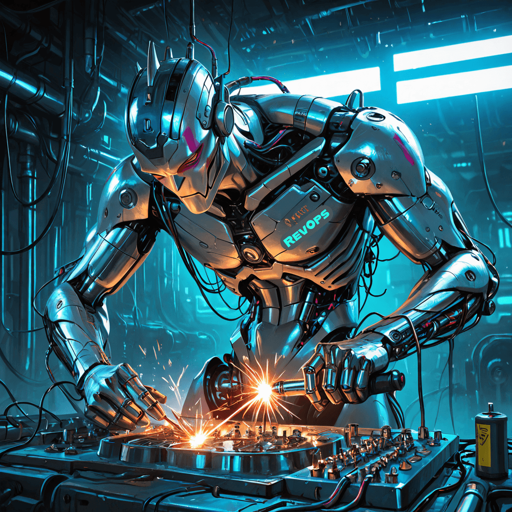 RevOps cyborg mecahnic working on a piece of technology.