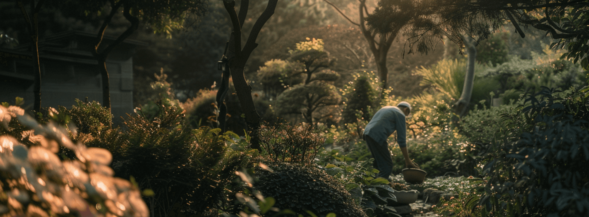 A serene garden at sunset with a person gardening, capturing the golden hour glow. The image shows lush greenery with a variety of plants, a man in a blue shirt and white hat bending over his work among the foliage, and soft sunlight filtering through the trees, creating a warm, peaceful atmosphere.