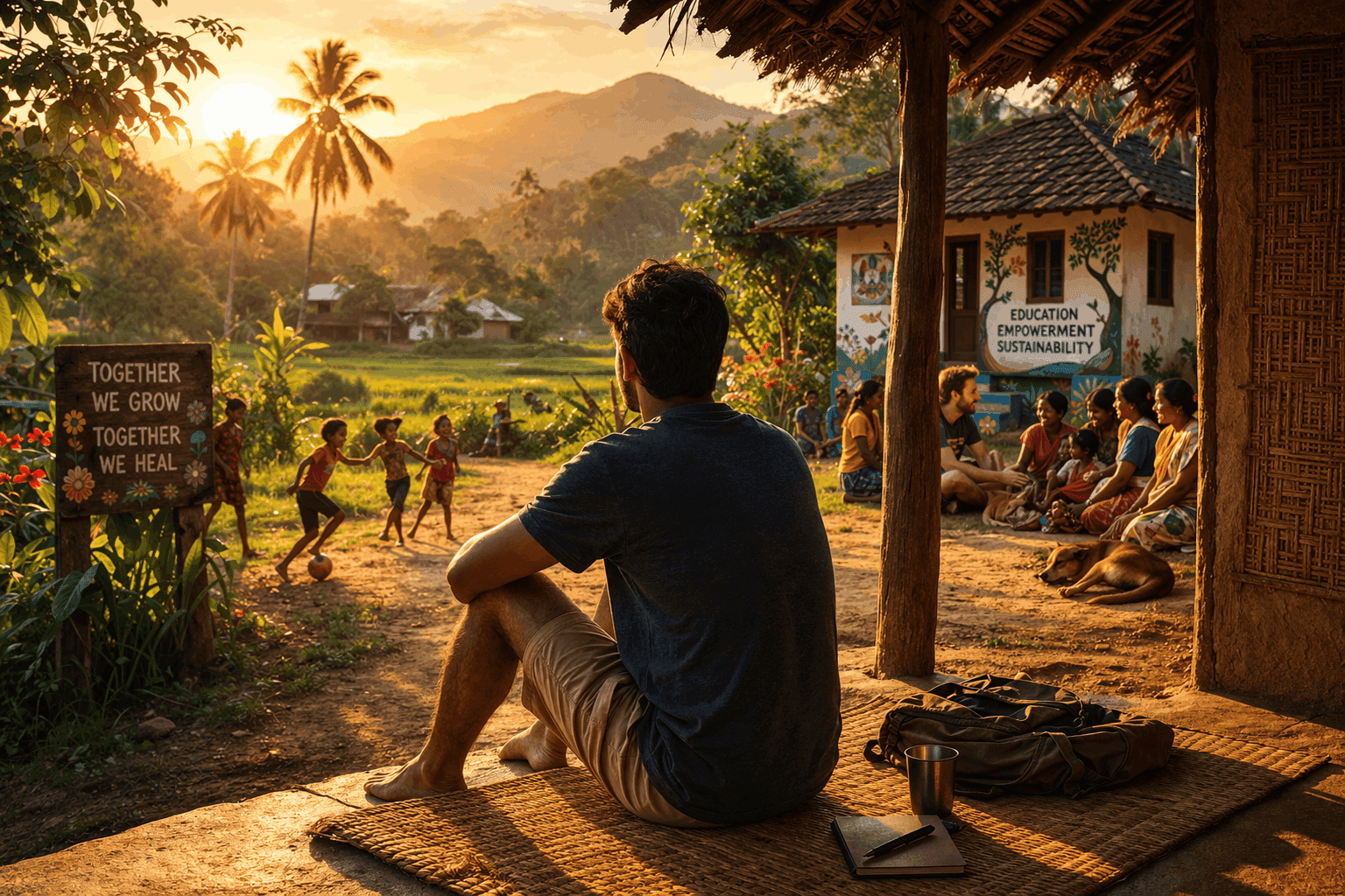 Man sitting quietly in rural village surrounded by community symbolizing belonging, simplicity, and inner fulfillment