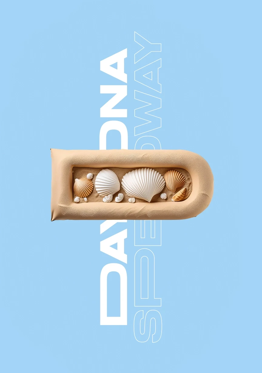 3D letter ‘D’ filled with sand and seashells on a light blue background with vertical text reading ‘Daytona Speedway.’