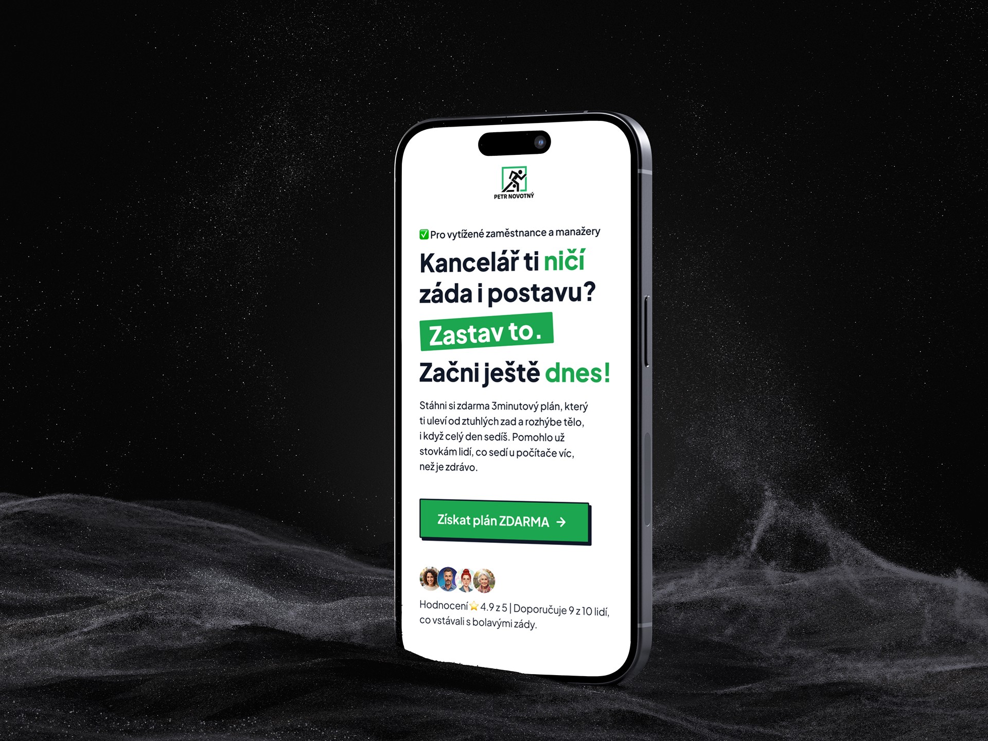 Finální podoba landing page Fitness Novák prezentovaná v prémiovém mockupu na Iphone.