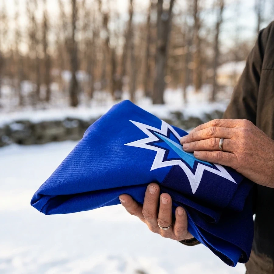Close up of hands holding a blue flag with a star on it
