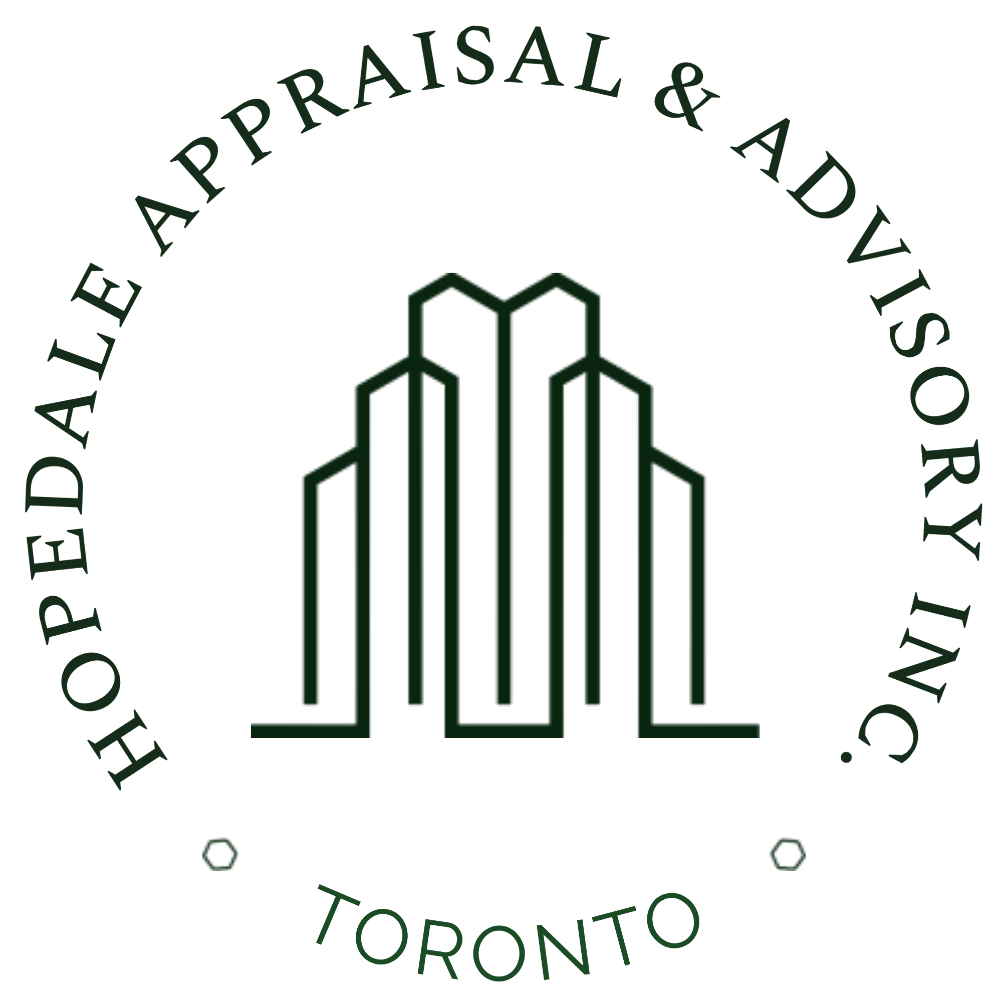 A circular logo for Hopedale Appraisal & Advisory Inc. features a stylized geometric design of tall buildings in the center, with the company name curving around the top and "Toronto" at the bottom.