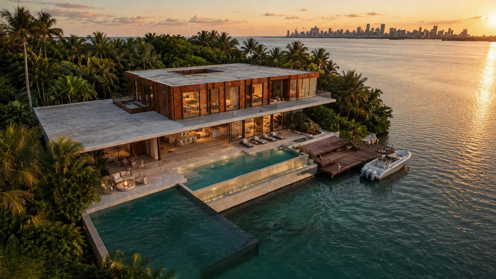 Aerial view of exclusive two-story waterfront mansion surrounded by palm trees, featuring dual infinity pools, private boat dock, and stunning Miami skyline views at sunset
