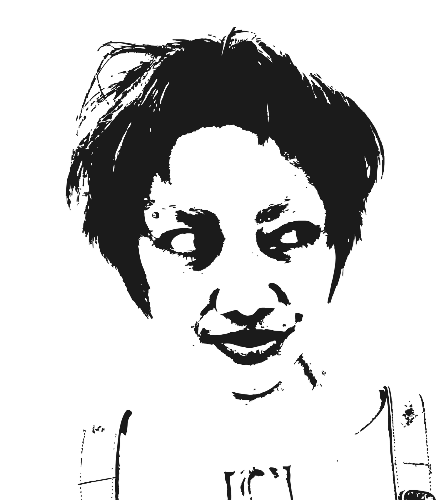 The image features a high-contrast, black and white illustration of a hair client, creating a dramatic and artistic effect.