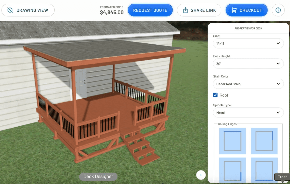 3D model of a wooden gazebo with a sloped roof and open entrance, displayed in a design interface.