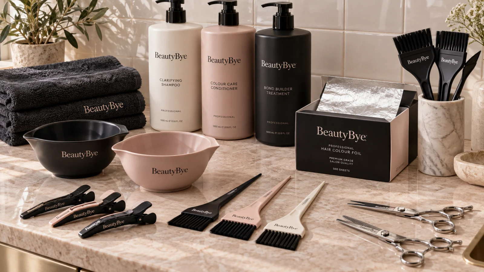 BeautyBye professional hair colour bowls, brushes, bottles and salon tools