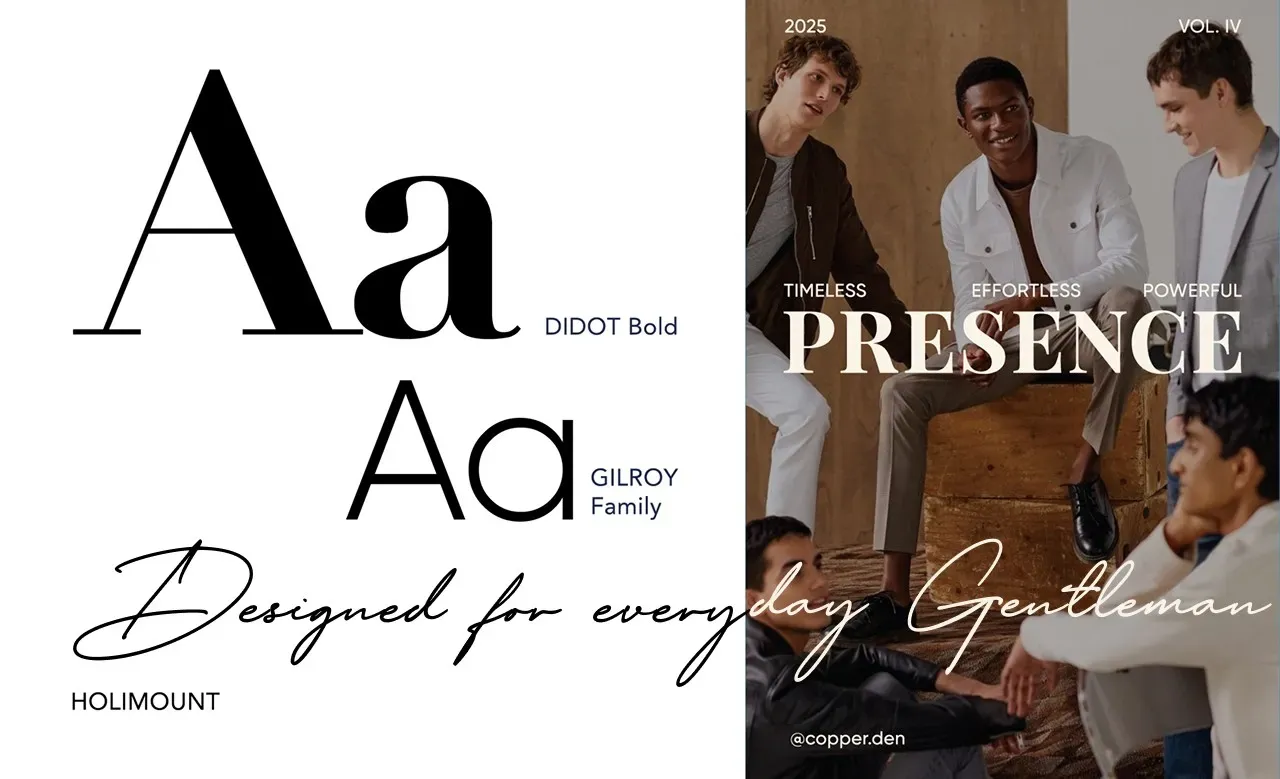 Brand typography system with serif and sans serif typefaces used in premium lifestyle branding