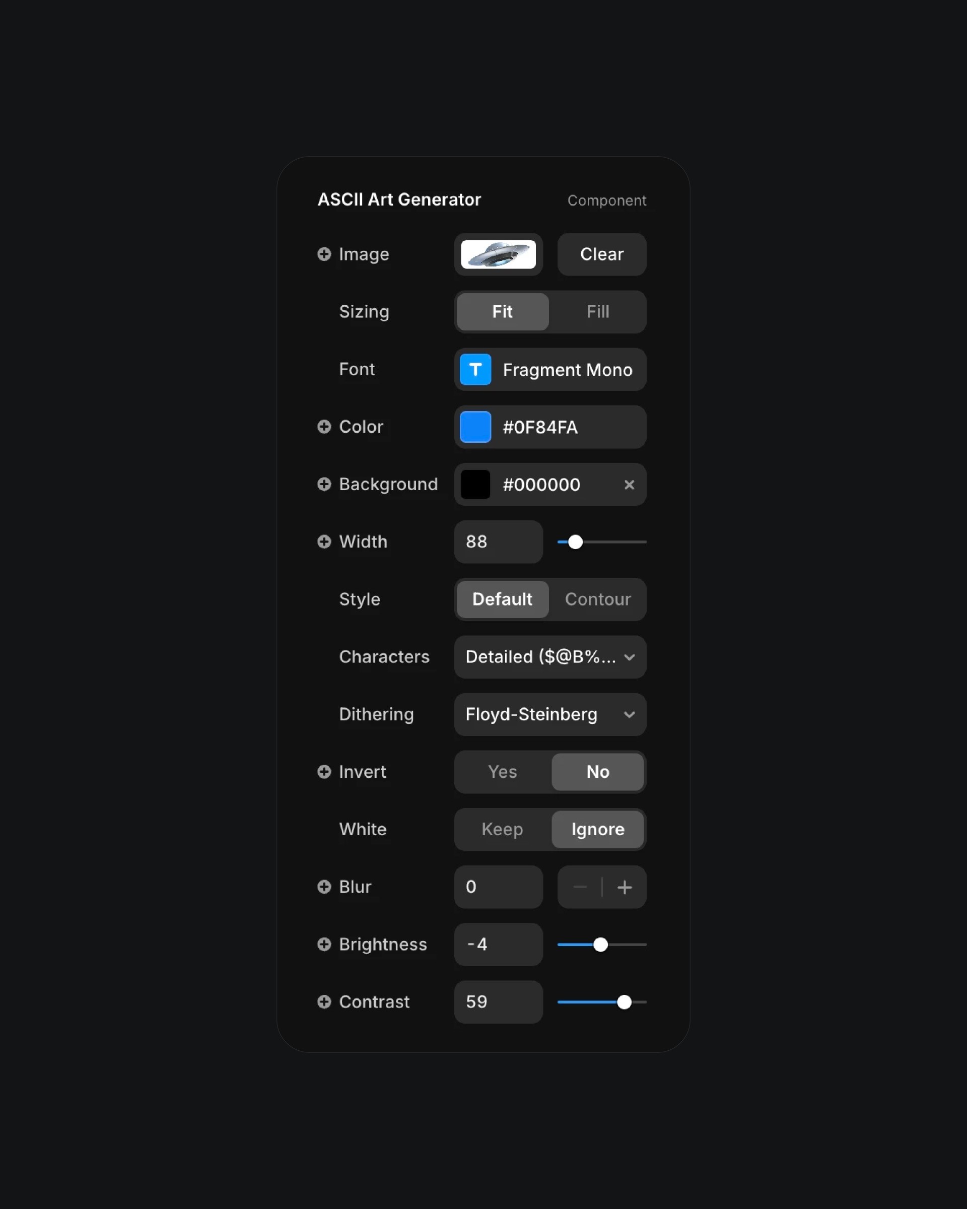 User interface for an ASCII Art Generator tool featuring options for image upload, sizing, font selection, color customization, and various adjustments such as width, style, dithering, and more to create detailed ASCII representations