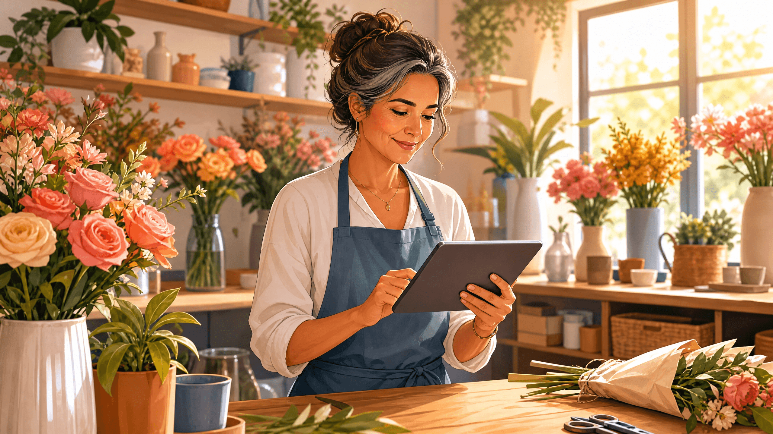 A smiling florist in her 40s confidently optimizes her business website on a tablet in her bright flower shop. The shop is filled with colorful flowers and plants, and warm sunlight streams through a large window. The illustration is modern and uses soft gradients.