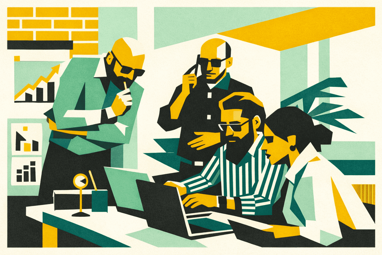 Team di professionisti analizza dati al computer, confronto su processi e competenze in una fase di transizione AI e ridefinizione dei ruoli.