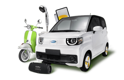 green scooter, white car, ipad, shower, JBL