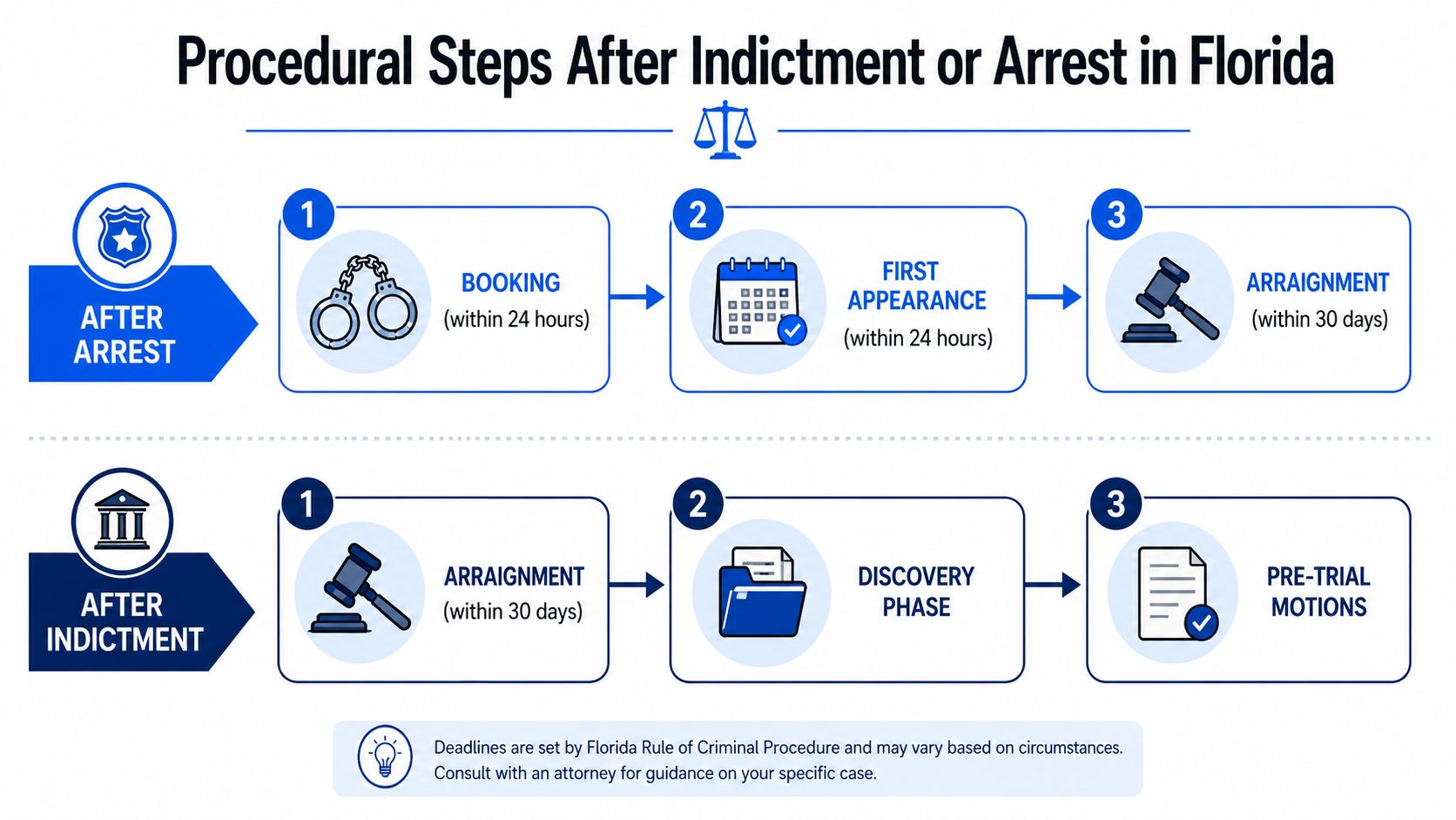 A flowchart detailing the legal procedural steps following an arrest or indictment within the Florida court system.