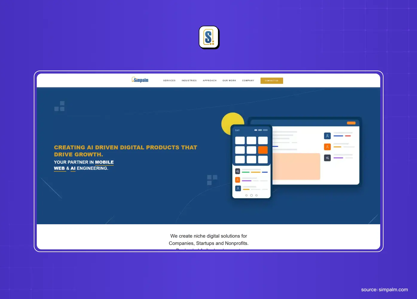 Simpalm website promoting AI-driven digital products, with mobile and desktop interface illustrations on a dark blue background.