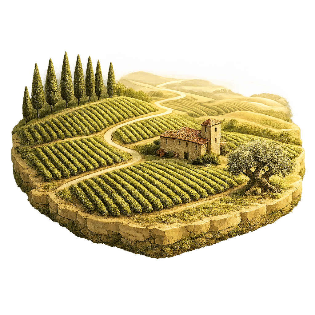 Artistic illustration of the Tuscany wine region.
