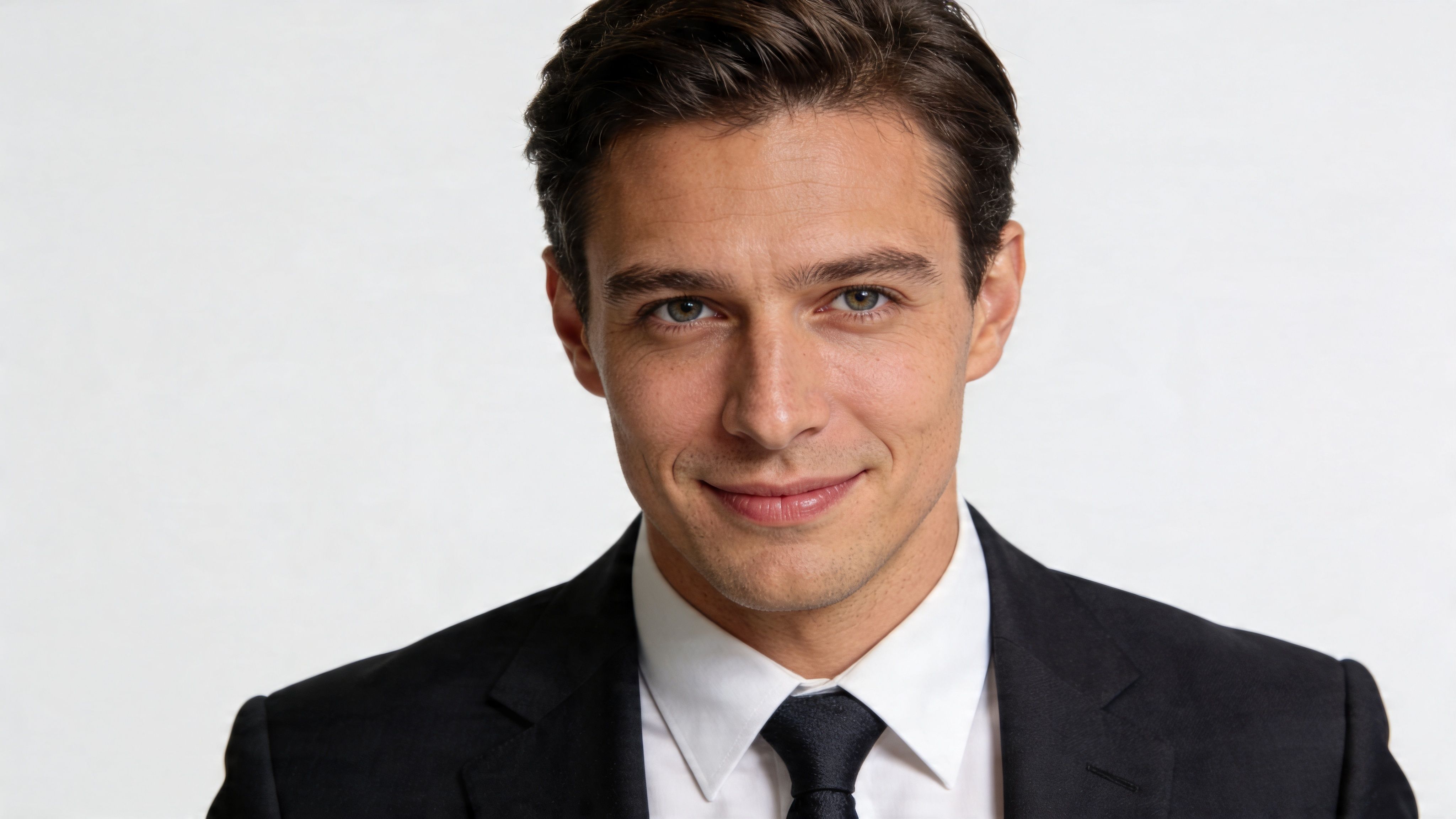 Ein professioneller Mann im schwarzen Anzug und weißem Hemd lächelt freundlich vor einem hellen, neutralen Hintergrund.