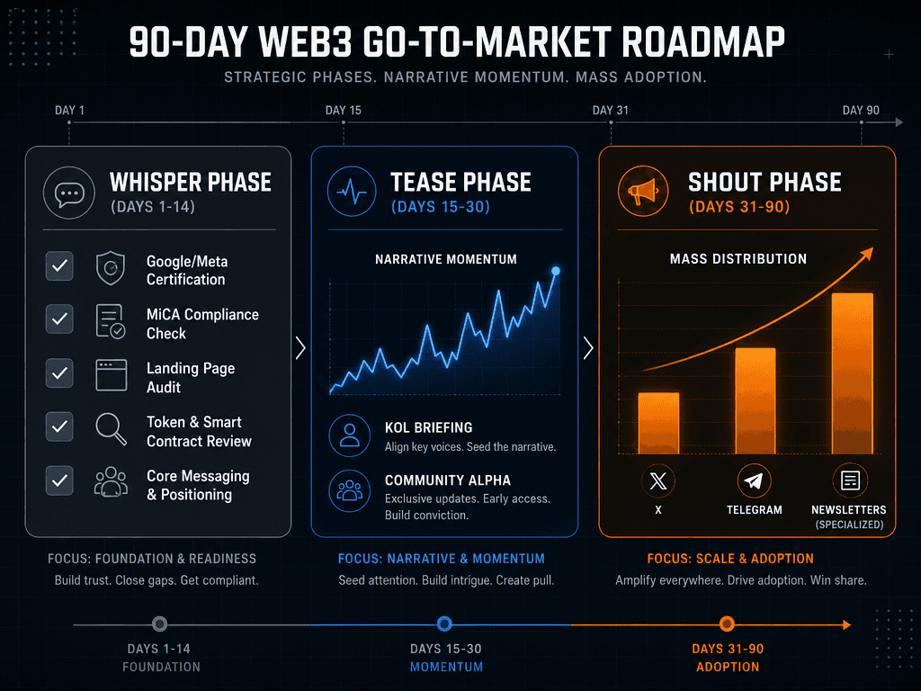 A 90-day Bitcoin advertising GTM framework showing Whisper, Tease, and Shout phases including Google certification and multi-channel distribution.
