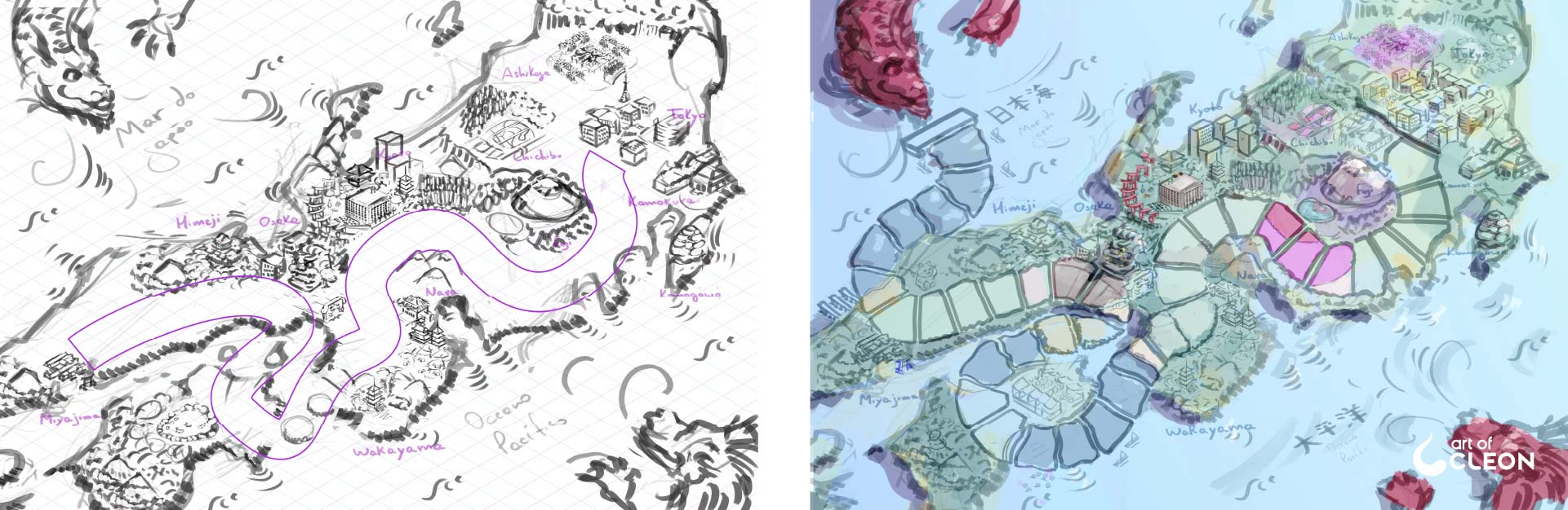 Early map sketches and a first color pass establishing the route and regions of the Kuizu board.