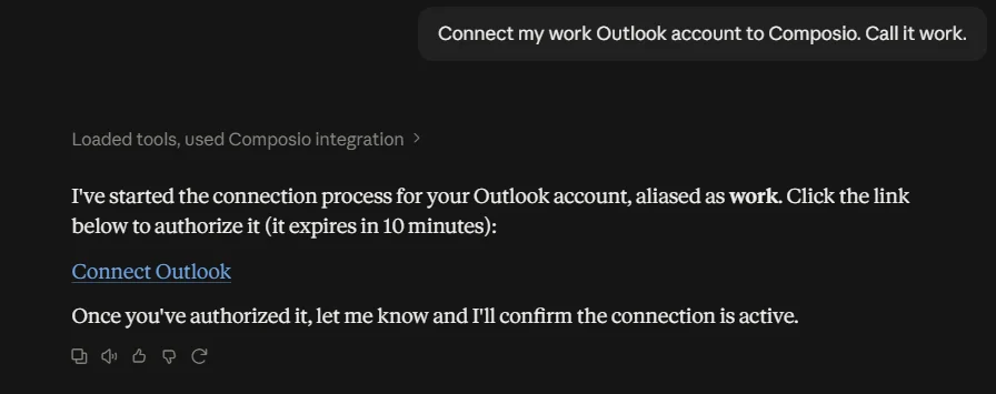 Claude replying with an Outlook connection link