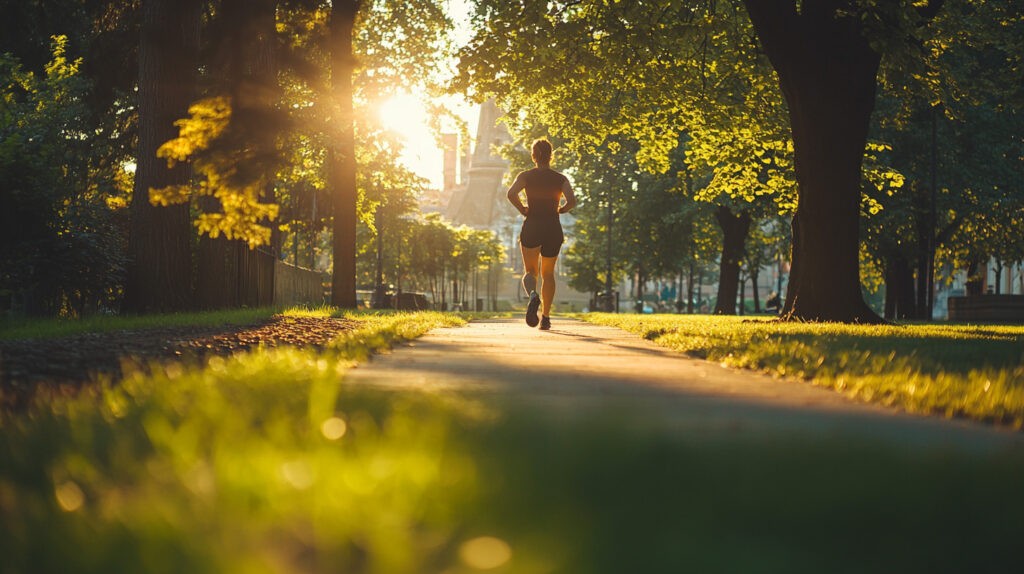 A person jogging in a sunlit park during the early morning, exemplifying the positive effects of physical activity and natural light exposure on circadian rhythms and sleep health.