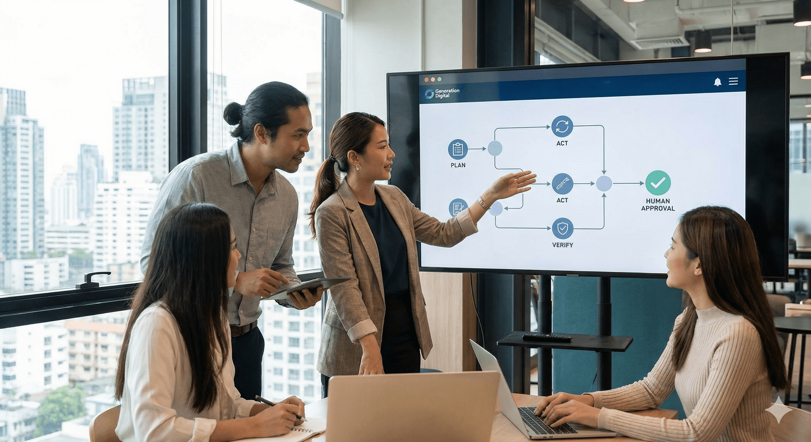 In a modern office with a city view, four colleagues collaborate around a table as a woman presents a flowchart labeled "Human Approval" on a large screen, highlighting a concept from Agentic AI Enterprise.